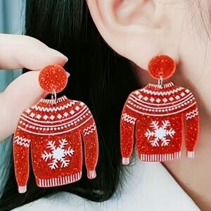 CHRISTMAS Snowflake Sweater Design Red Acrylic Pierced Earrings Retro